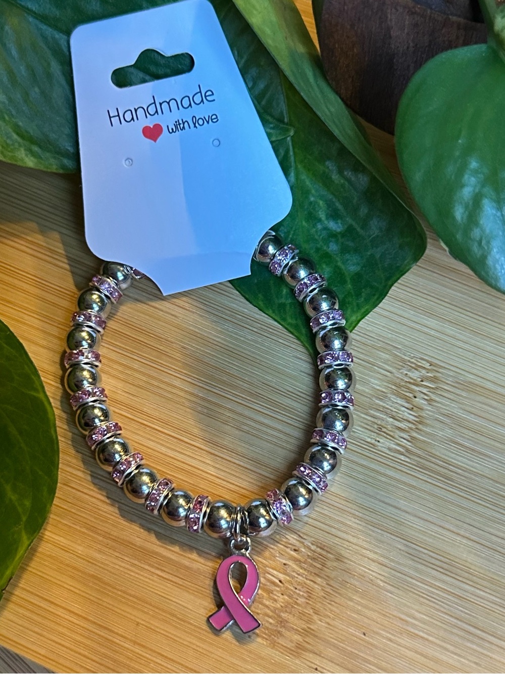 🎀 Breast Cancer Awareness Stretchy Beaded Bracelet | Handmade | Dangle Charm 🎀